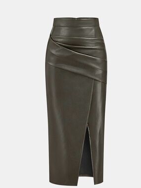 Faux Leather Olive Midi Skirt with Front Slit